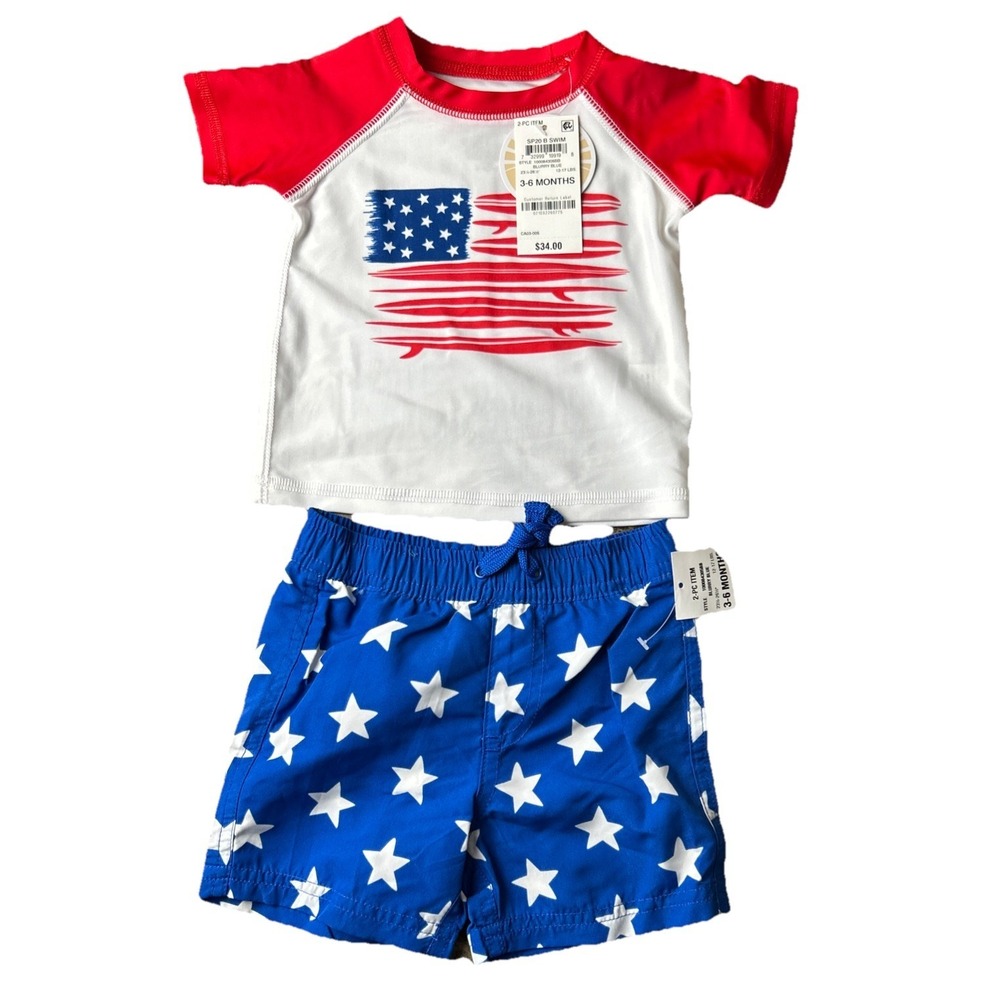 First Impressions‎ Boys 2 Piece Swimsuit 3-6 Months 4th July American Flag Shirt